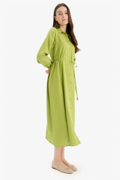 Shirt Collar Linen Blend Long Sleeve Dress