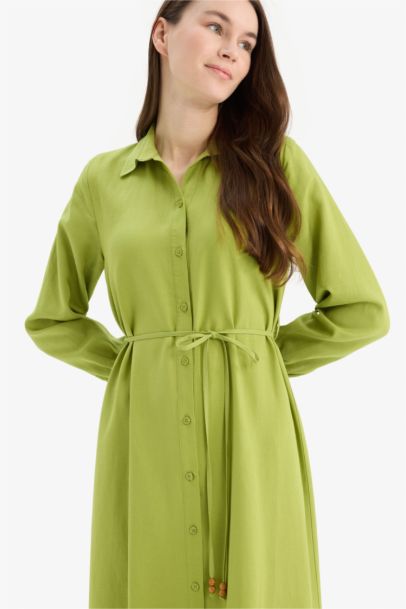 Shirt Collar Linen Blend Long Sleeve Dress
