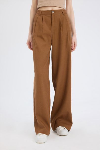 Wide Leg Three Pocket High Waist Linen Blend Trousers