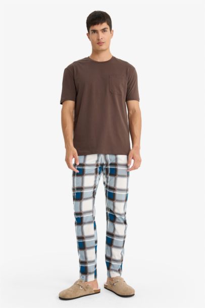 %100 Pamuk Pijama Takımı Kısa Kollu Üst Kareli Uzun Alt