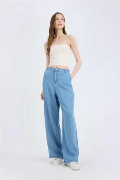 Pantalon long large à taille haute effet denim