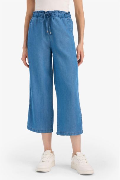 Pantalon jupe-culotte à taille haute élastique en tencel délavé