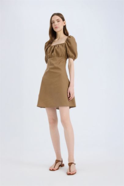 Square Collar Linen Blended Mini Dress