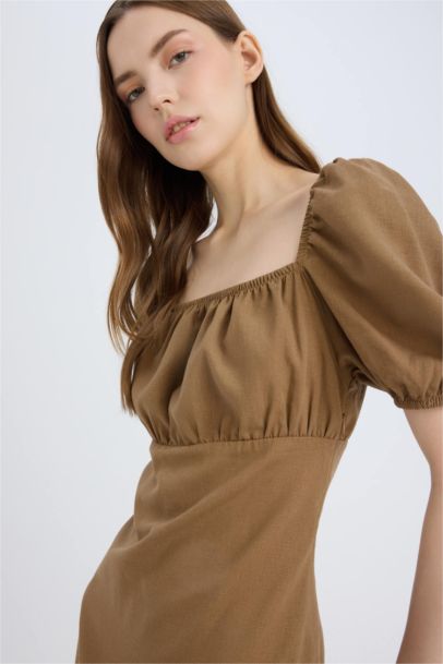 Square Collar Linen Blended Mini Dress