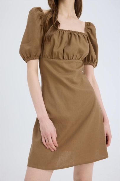 Square Collar Linen Blended Mini Dress