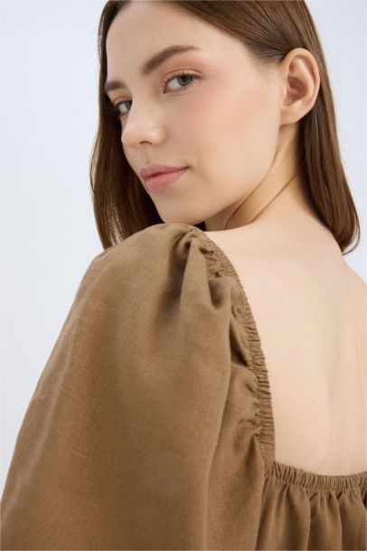 Square Collar Linen Blended Mini Dress