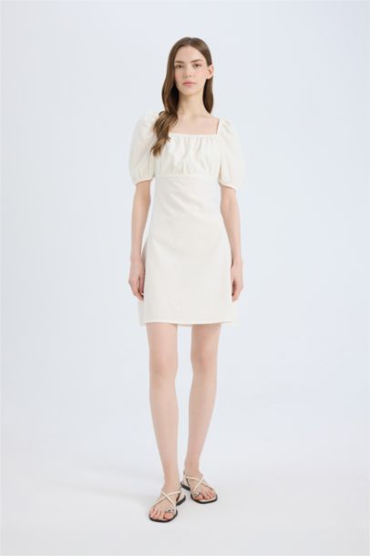 Square Collar Linen Blended Mini Dress