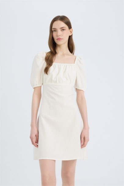 Square Collar Linen Blended Mini Dress