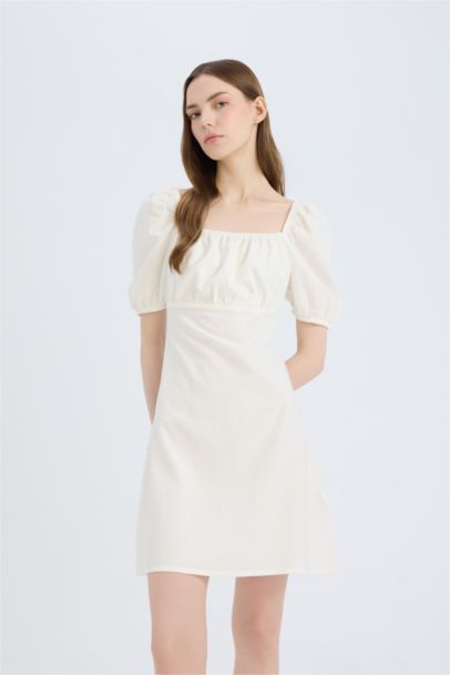 Square Collar Linen Blended Mini Dress