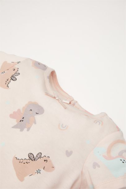 Pijama Takımı Dinozor Baskılı Kısa Kollu Penye Üst Beli Lastikli Şort Kız Bebek