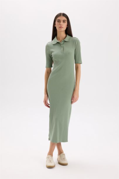 Поло с Облегающим Силуэтом Ребристое Длинное Платье