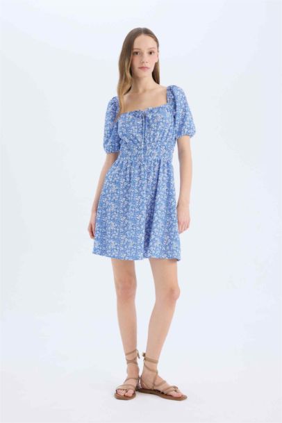 Square Collar Flower Mini Dress