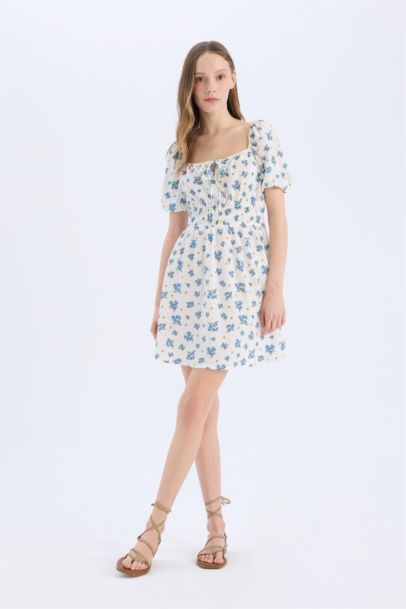 Square Collar Flower Mini Dress