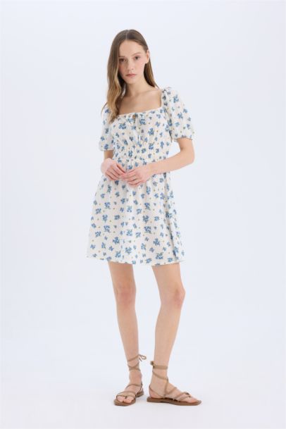Square Collar Flower Mini Dress
