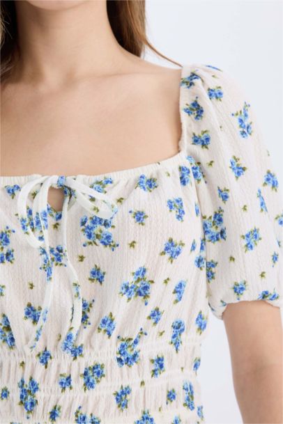 Square Collar Flower Mini Dress