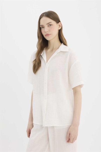 Oversize Fit Shirt Collar Linen Look Short Sleeve Shirt