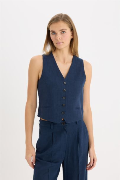 V Neck Linen Blend Vest