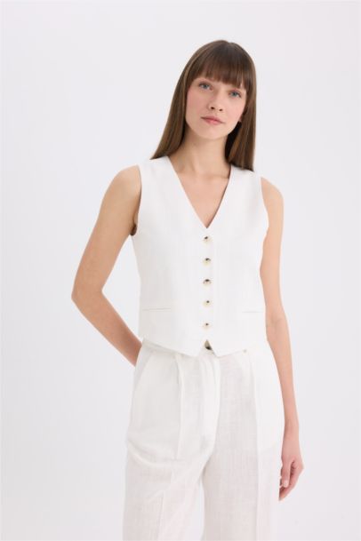 V Neck Linen Blend Vest