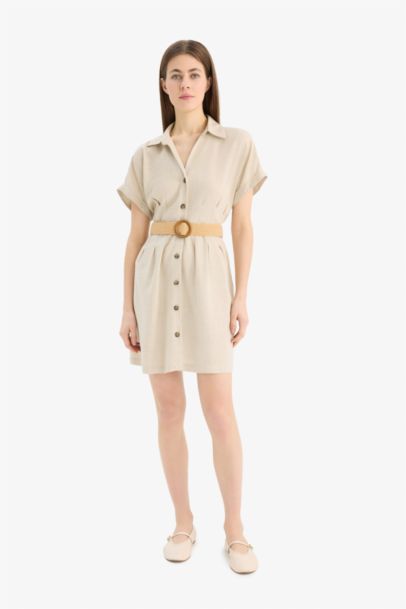 Shirt Collar Belted Linen Blend Mini Dress