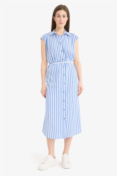 Shirt Collar Striped Linen Blended Sleeveless Maxi Dress