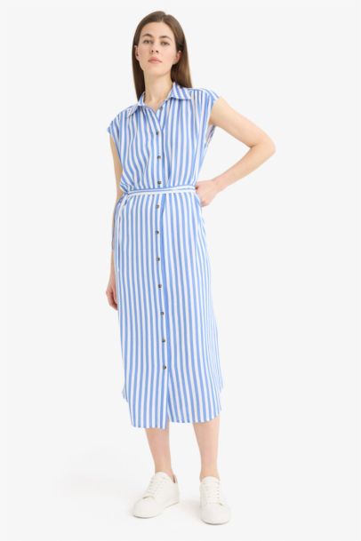 Shirt Collar Striped Linen Blended Sleeveless Maxi Dress