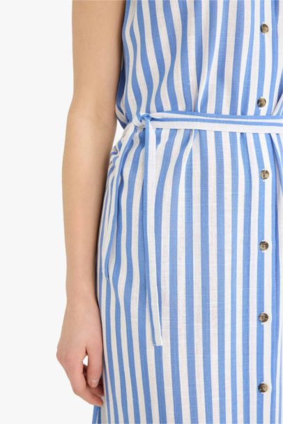 Shirt Collar Striped Linen Blended Sleeveless Maxi Dress