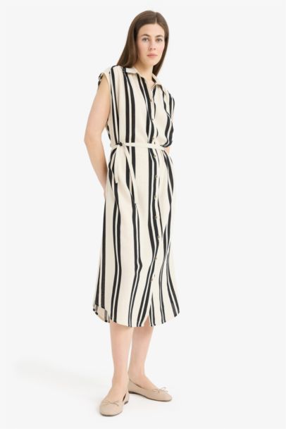 Shirt Collar Striped Linen Blended Sleeveless Maxi Dress