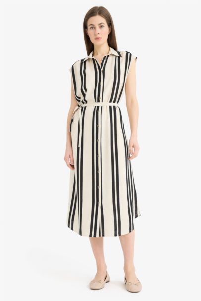 Shirt Collar Striped Linen Blended Sleeveless Maxi Dress