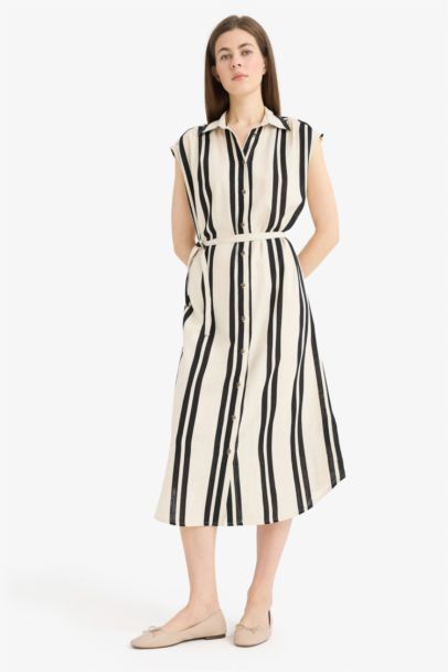 Shirt Collar Striped Linen Blended Sleeveless Maxi Dress