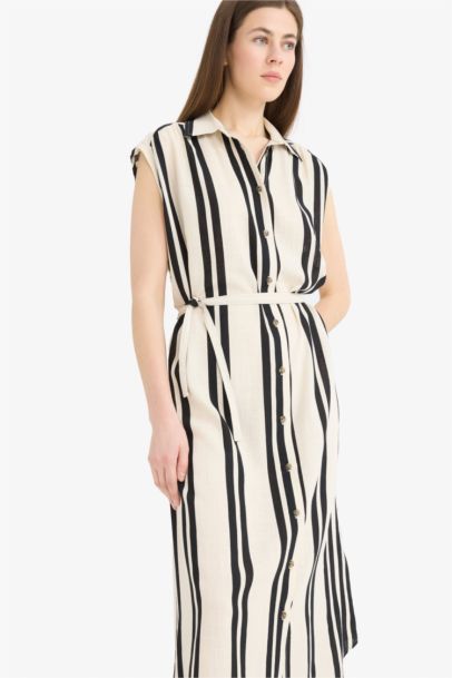 Shirt Collar Striped Linen Blended Sleeveless Maxi Dress