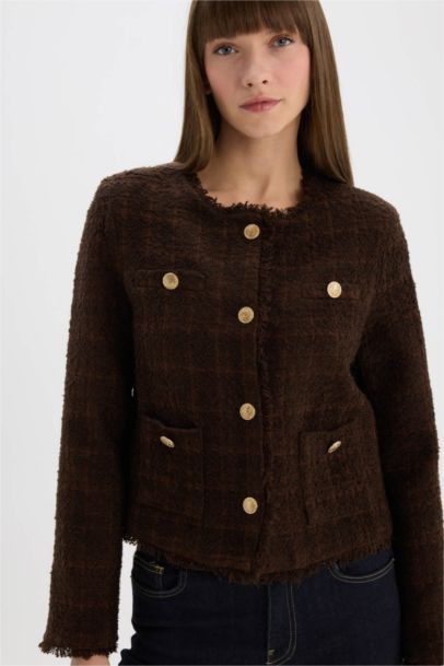 Regular Fıt Bisiklet Yaka Tweed Blazer Ceket