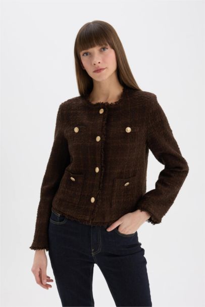 Regular Fıt Bisiklet Yaka Tweed Blazer Ceket