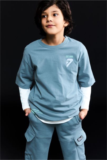 Oversize Geniş Kalıp Bisiklet Yaka Baskılı Uzun Kollu Tişört Erkek Çocuk