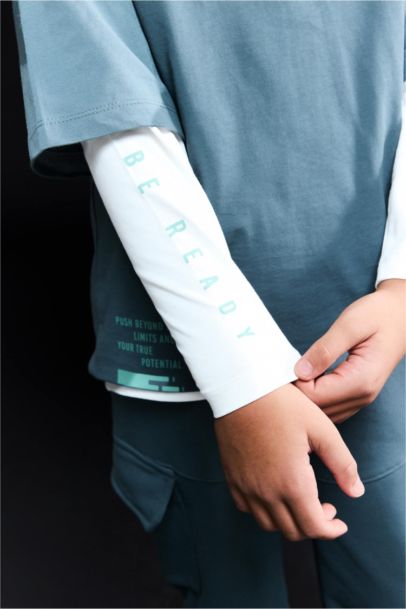 Oversize Geniş Kalıp Bisiklet Yaka Baskılı Uzun Kollu Tişört Erkek Çocuk