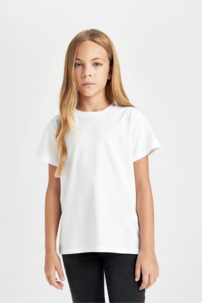 Bisiklet Yaka Basic Düz Kısa Kollu Tişört Kız Çocuk