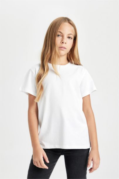 Bisiklet Yaka Basic Düz Kısa Kollu Tişört Kız Çocuk