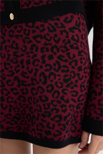 A Kesim Leopar Desenli Mini Triko Etek