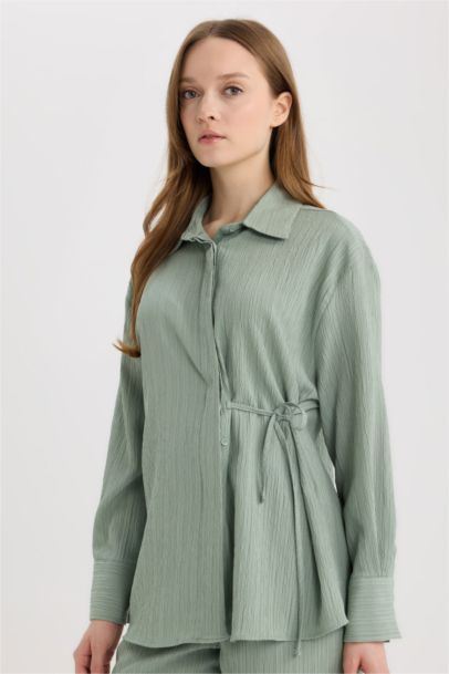 Regular Fit Shirt Collar Crinkle Fabric Long Sleeve Shirt