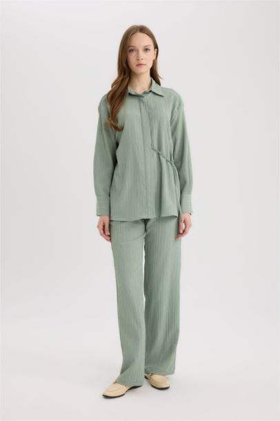 Regular Fit Shirt Collar Crinkle Fabric Long Sleeve Shirt