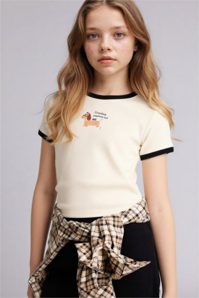 T-shirt slim côtelé à manches courtes avec imprimé pour fille