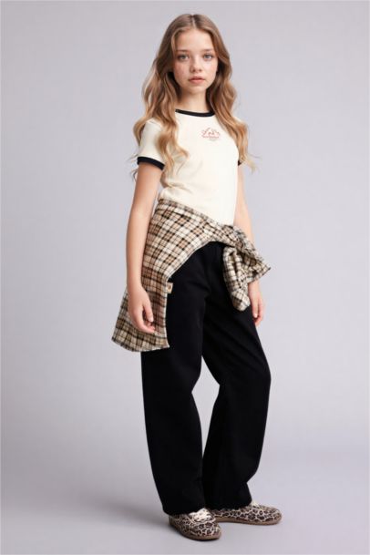 T-shirt slim côtelé à manches courtes avec imprimé pour fille