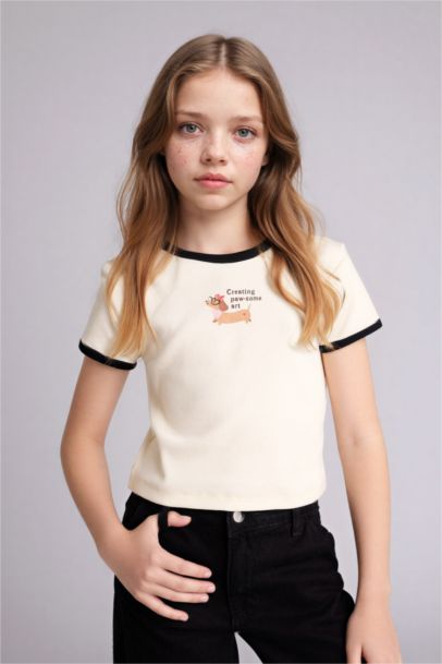 T-shirt slim côtelé à manches courtes avec imprimé pour fille