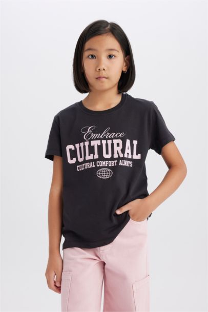 Bisiklet Yaka Baskılı Kısa Kollu Tişört Kız Çocuk