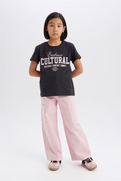 Bisiklet Yaka Baskılı Kısa Kollu Tişört Kız Çocuk