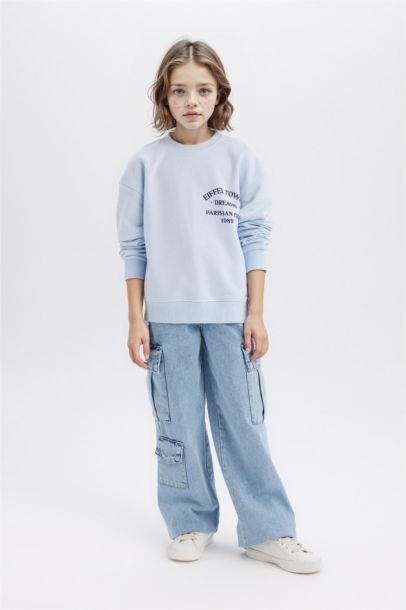 Relax Fit Bisiklet Yaka Baskılı Sweatshirt Kız Çocuk