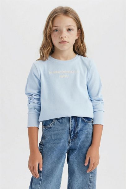 Girl Slim Fit Crew Neck Printed Ribbed Camisole T-Shirt