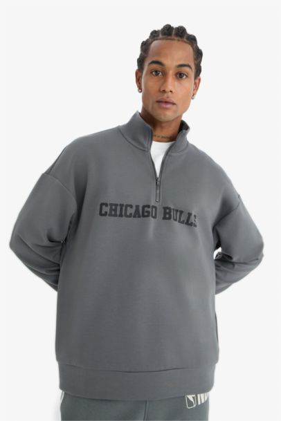 NBA Chicago Bulls Oversize Geniş Kalıp Fermuarlı Dik Yaka Skuba Dalgıç Kumaş Sweatshirt