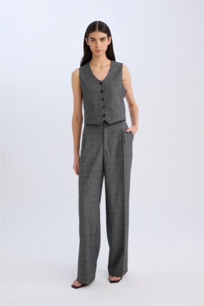 V Neck Checkered Button Closure Blazer Vest