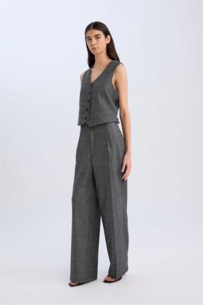 Wide Leg Klasik Kışlık Pantolon Kareli Cepli Yüksek Bel Geniş Bol Paça