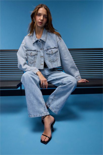 %100 Pamuk Crop Düğmeli Denim Ceket